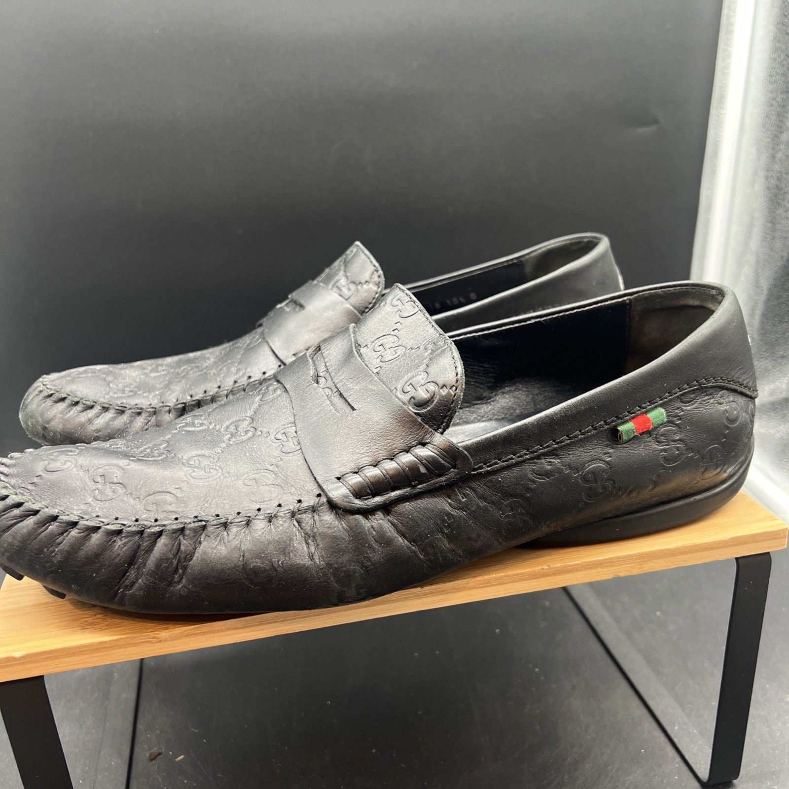 Gucci 170618 Black Leather Guccissima Gg Men's Loafers Made In Italy 10.5 G